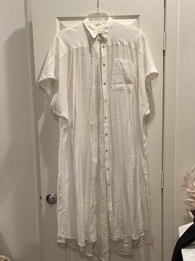 Free People White Short-Sleeve Button-Down Shirt Dress
